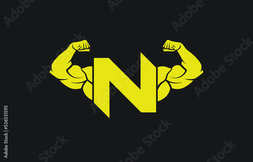 bodybuilder creative vector with letter N, gym and fitness logo, design, emblem and icon