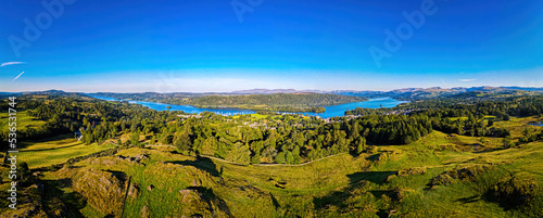 Aerial view of Windermere in Lake District  a region and national park in Cumbria in northwest England