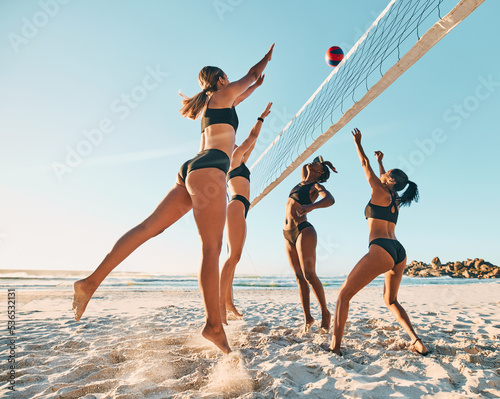Fotografija Beach volleyball, friends and women playing in the sand and summer sun