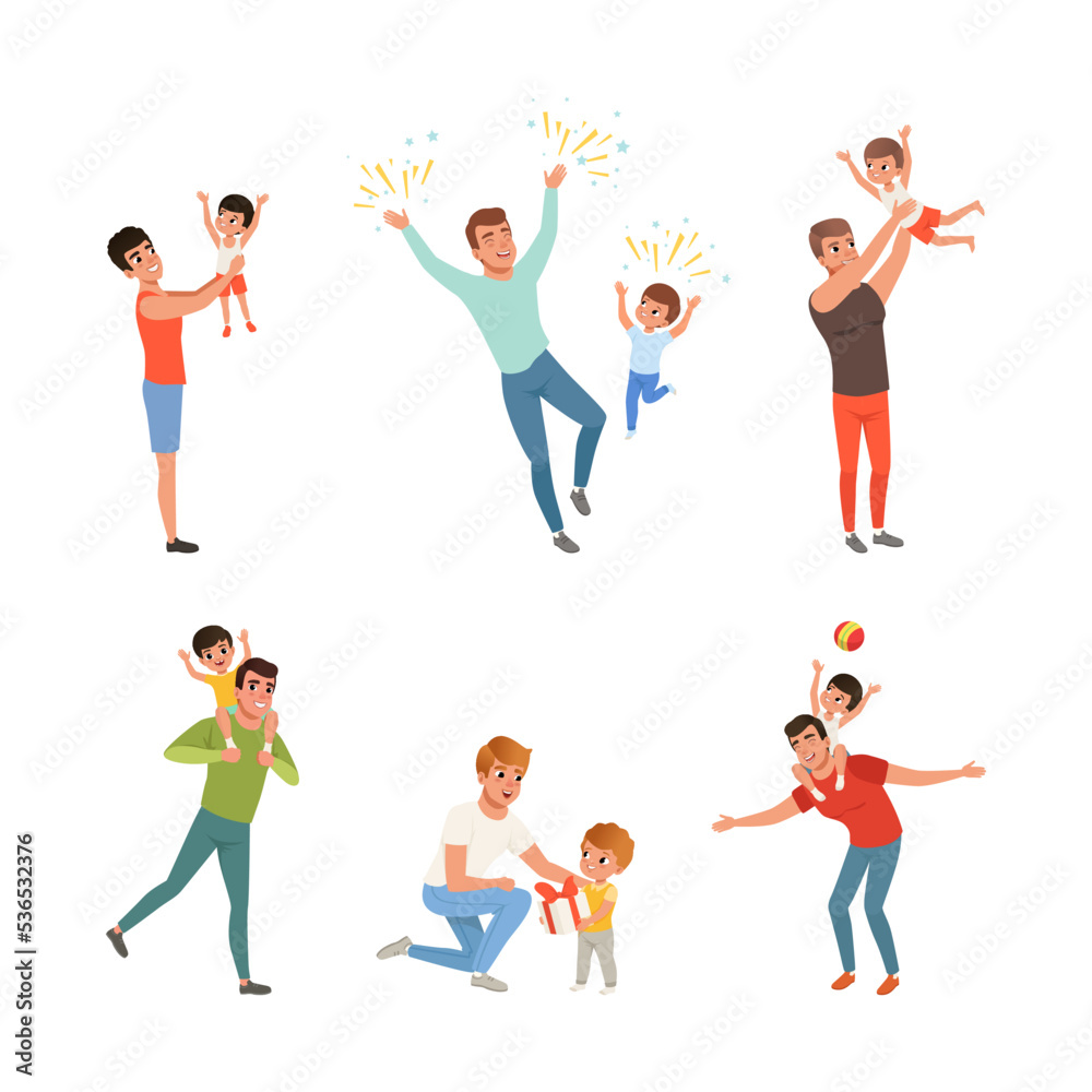 Happy Father with His Little Son Spending Time Together Having Fun Vector Set Happy Father with His Little Son Spending Time Together Having Fun Vector Set