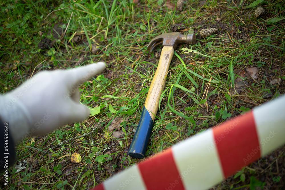 Criminal chronicle. The hammer as a means of crime. The criminologist's  hand in a white glove points to the weapon of the crime. Red protective  tape in the criminal news. Stock Photo