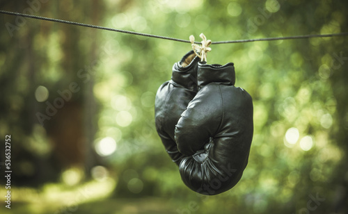 Leather boxing gloves hanging on a rope in the garden. The end of a fighting career. Vintage boxing gloves.