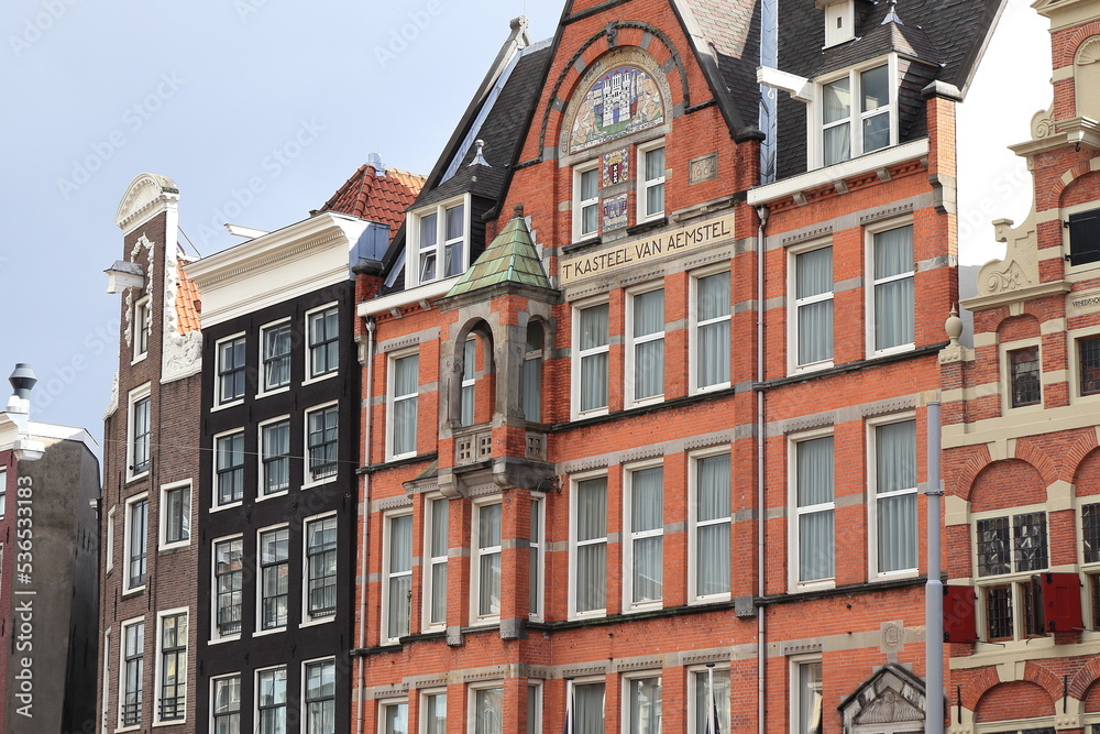 Amsterdam Nieuwezijds Voorburgwal Street Historic Brick Building Facades Close Up, Netherlands