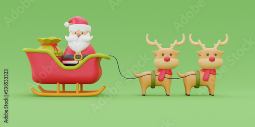 Merry Christmas and Happy New Year, Santa Claus sitting on a reindeer sleigh ride. 3d rendering. © Charcoal3D
