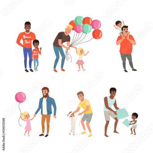 Happy Father with His Little Son and Daughter Spending Time Together Having Fun Vector Set