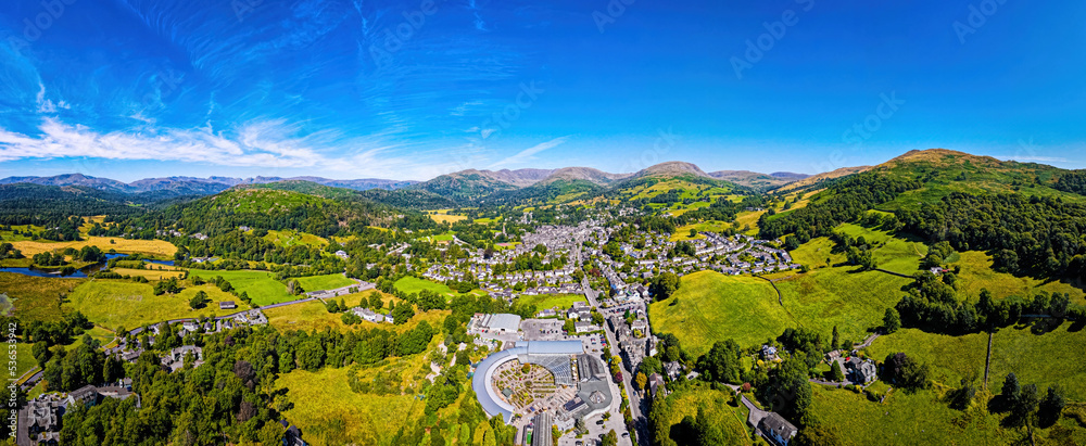 Aerial view of Waterhead and Ambleside in Lake District, a region and national park in Cumbria in northwest England