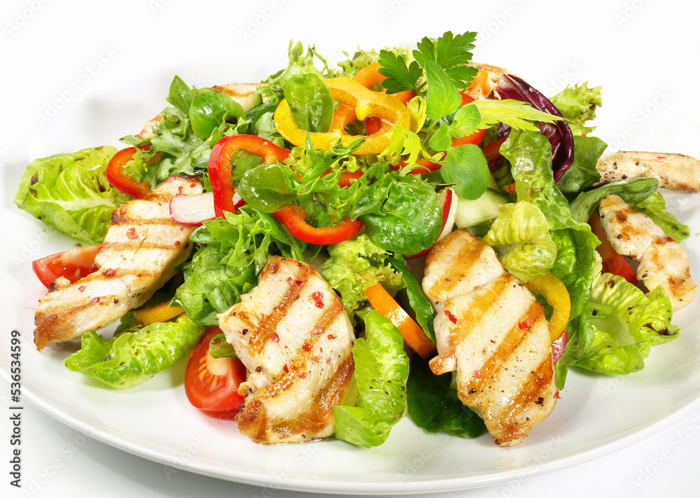 Mixed Salad with grilled Chicken isolated on white Background