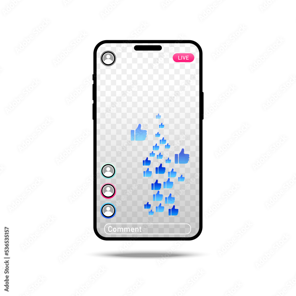 Blue bubble with thumb up like for live stream video chat background. Mobile app screen phone. Network symbol content. Vector flat design tamplate illustration