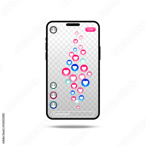 Colorful bubble with heart for live stream video chat background. Mobile app screen phone. Network symbol content. Vector flat design tamplate illustration