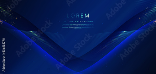 Abstract luxury golden lines curved overlapping on dark blue background. Template premium award design.