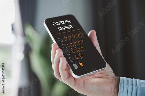 Customer service and Satisfaction concept, Customers are satisfied with services of a five-star business company, raising their rank or raising the highest ratings, best assessment and ranking idea.