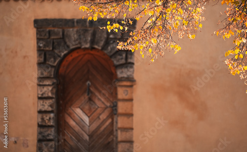 Old medieval architecture wooden door with rock decorations arcway in autumn landscape.