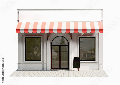 Shop exterior with blank Sign. Storefront building  isolated on white background with clipping path. 3D rendering.