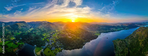 Aerial view of sunset over Ullswater lake in Lake District, a region and national park in Cumbria in northwest England photo