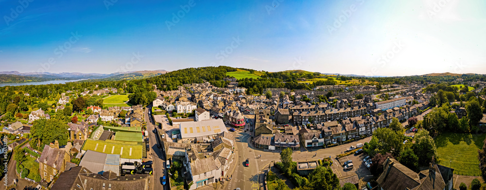 Aerial view of Windermere town in Lake District, a region and national park in Cumbria in northwest England