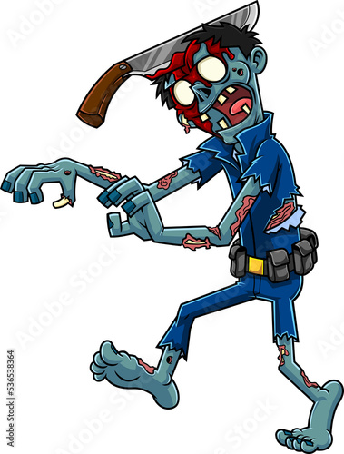 Scary Zombie Cartoon Character Walking. Hand Drawn Illustration Isolated On Transparent Background