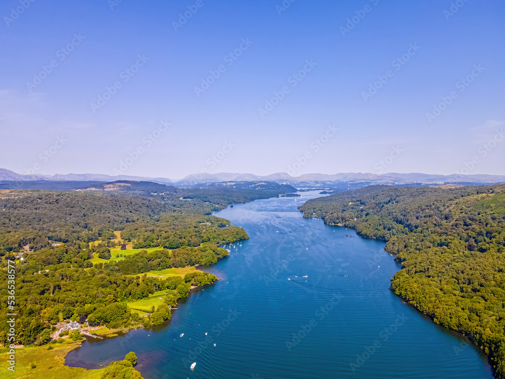 Aerial view of Windermere in Lake District, a region and national park in Cumbria in northwest England