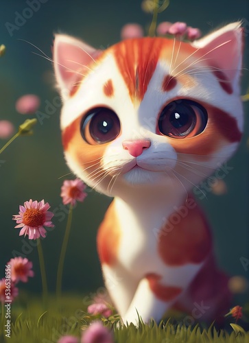 A 3D rendered computer-generated image of an adorable kawaii Calico kitten playing outside and enjoying the weather. 
