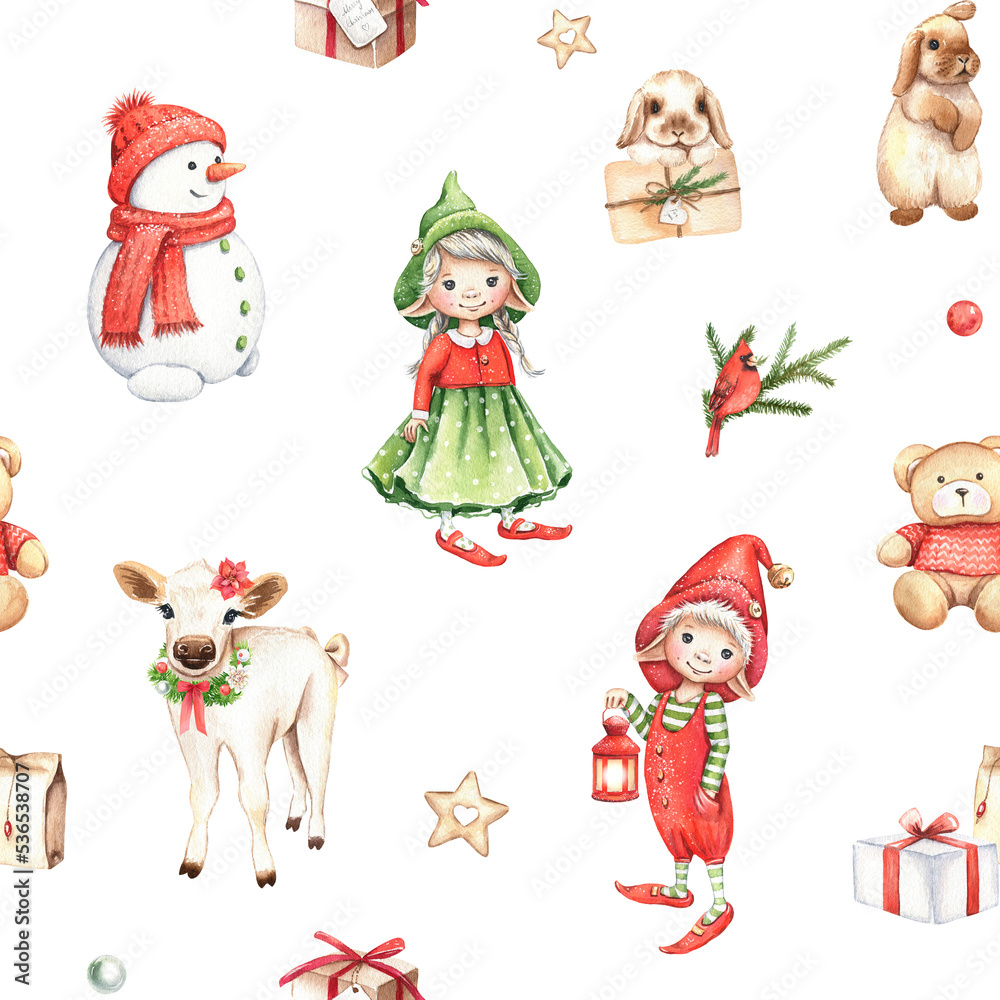 Watercolor Christmas seamless pattern. Cute gnomes, snowman, cow, rabbits. Winter holiday design. For prints, postcards, greeting cards, textile, invitations, wallpaper, wrapper