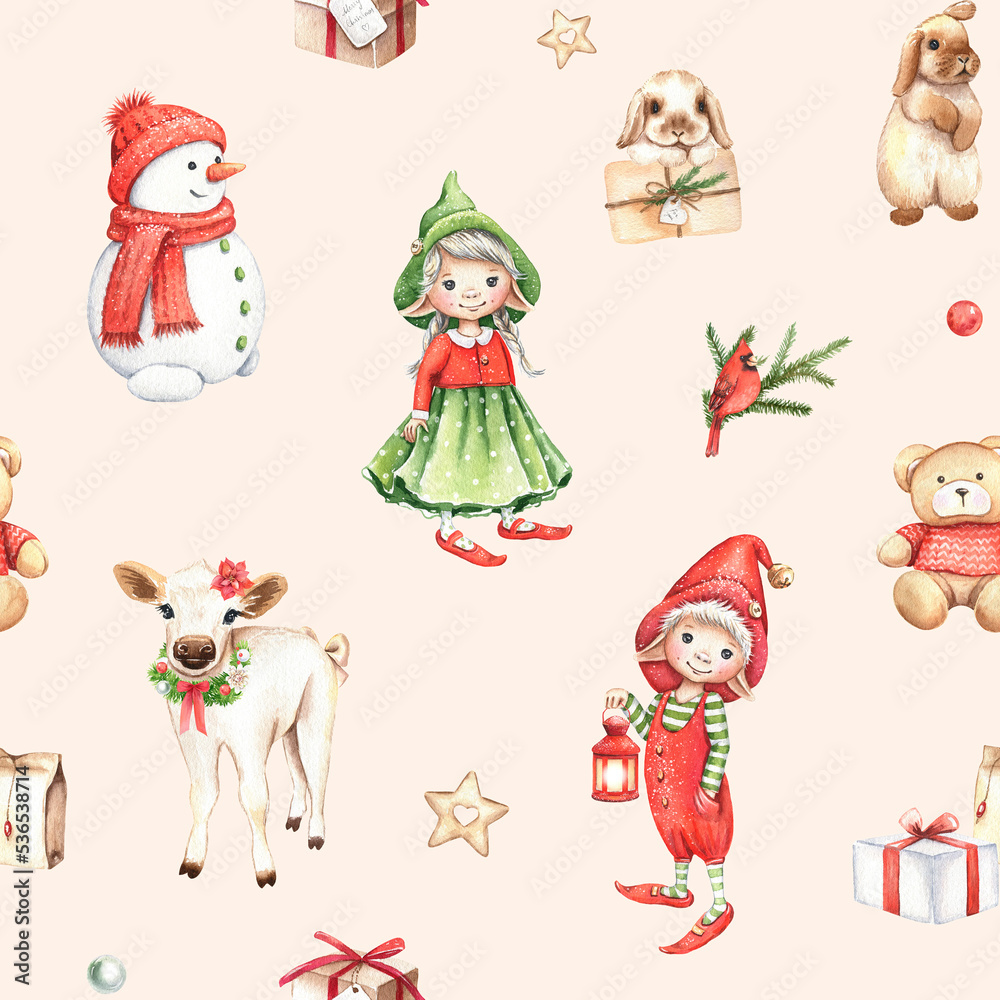Naklejka premium Watercolor Christmas seamless pattern on beige background. Cute gnomes, snowman, cow, rabbits. Winter holiday design. For prints, postcards, greeting cards, textile, invitations, wallpaper, wrapper