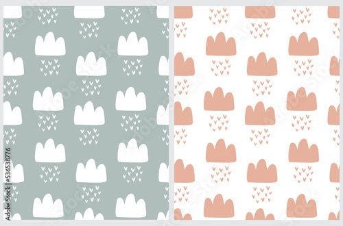 Fototapeta Naklejka Na Ścianę i Meble -  Cute Simple Seamless Vector Pattern with Fluffy Clouds and Hearts on a White and Mint Blue Background. Simple Nursery Art for Baby Boy and Girl.Print with Clouds and Hearts for Fabric, Wrapping Paper.