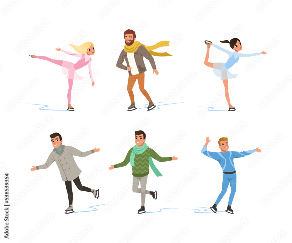 People Characters Ice Skating Gliding on Ice Surface with Bladed Ice Skates Vector Set People Characters Ice Skating Gliding on Ice Surface with Bladed Ice Skates Vector Set