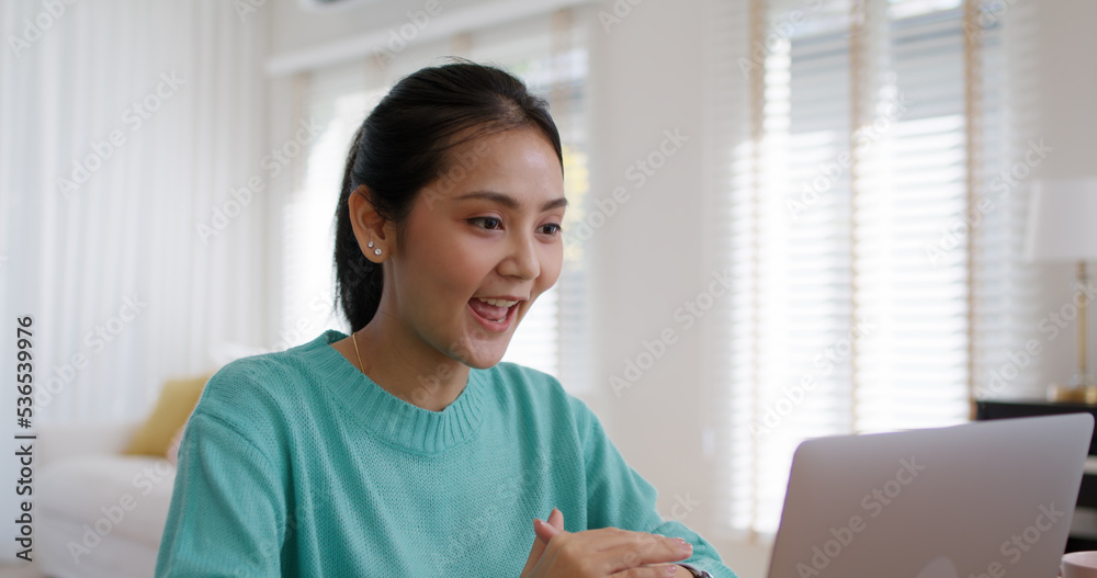 Asia people young talent girl relax happy work at home office sit at table easy video call talk online teach or share in reskill upskill online class. Cozy workspace for distant workforce career job. Asia people young talent girl relax happy work at home office sit at table easy video call talk online teach or share in reskill upskill online class. Cozy workspace for distant workforce career job.