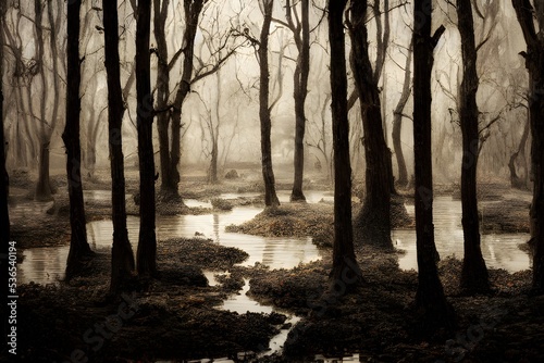 A foggy swamp. Dark and mysterious. 