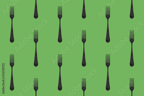 pattern. Fork top view on yellow green background. Template for applying to surface. Horizontal image. Flat lay. 3D image. 3D rendering.
