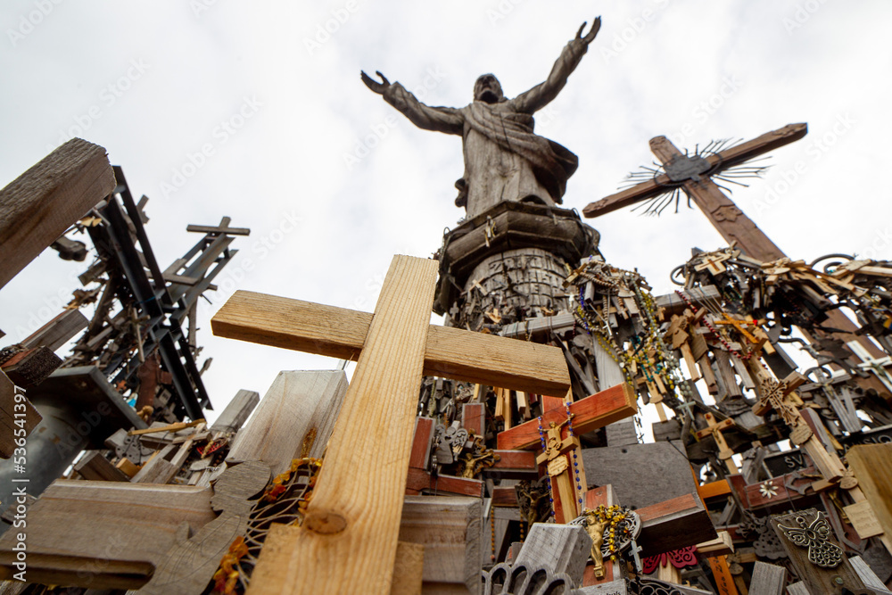 SIAULIAI, LITHUANIA. Hill of Crosses is a unique monument of history and religious folk art and the most important Lithuanian Catholic pilgrimage site. 10 02 2022 SIAULIAI, LITHUANIA. Hill of Crosses is a unique monument of history and religious folk art and the most important Lithuanian Catholic pilgrimage site. 10 02 2022