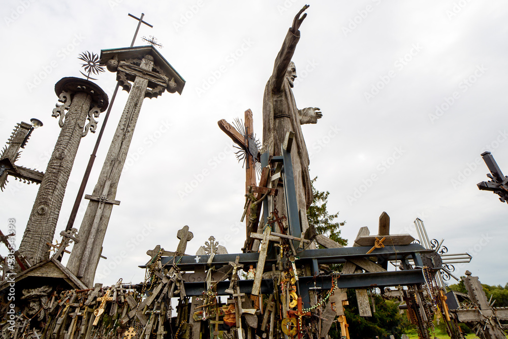 SIAULIAI, LITHUANIA. Hill of Crosses is a unique monument of history and religious folk art and the most important Lithuanian Catholic pilgrimage site. 10 02 2022 SIAULIAI, LITHUANIA. Hill of Crosses is a unique monument of history and religious folk art and the most important Lithuanian Catholic pilgrimage site. 10 02 2022