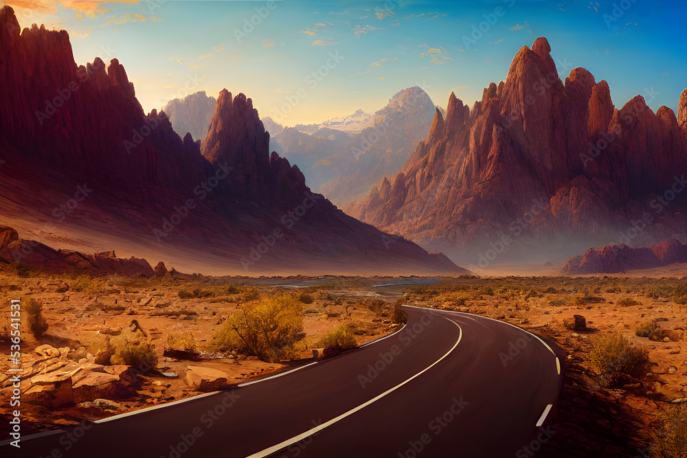 Fototapeta premium An open road winds its way to the mountains as the sun sets. 