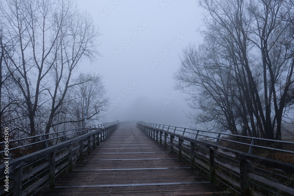 Wooden bridge disappears in thick fog