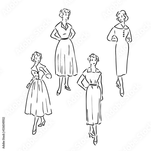 Vintage vector people set. fashion style set. Group of retro woman and man. style, sketch style, engravings with people
