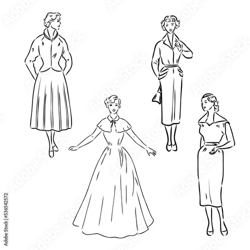 Vintage vector people set. fashion style set. Group of retro woman and man. style  sketch style  engravings with people