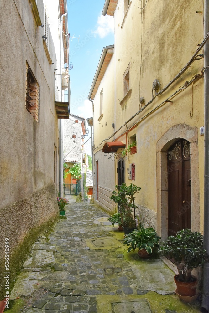 A narrow street between the old stone houses of Pizzone, a medieval village in the Molise region of Italy.