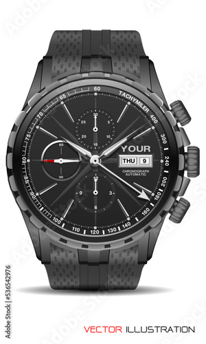 Realistic watch chronograph stainless steel black rubber clockwise fashion for men design luxury isolated vector