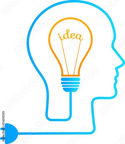 Head silhouette lightbulb inspiration concept set vector illustration. Creative graphic collection with head profile, gear machine and light bulb. Blue human silhouette technology background concept.