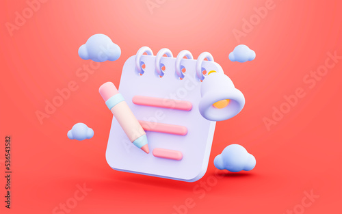 document with pen notification bell sign 3d illustration concept for remainder note 