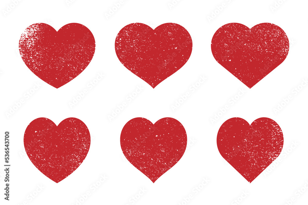Red grunge vintage heart shapes icon set.  Design elements for Valentine's day, love, or romance. Flat heart collection, herz sammlung. Vector illustration