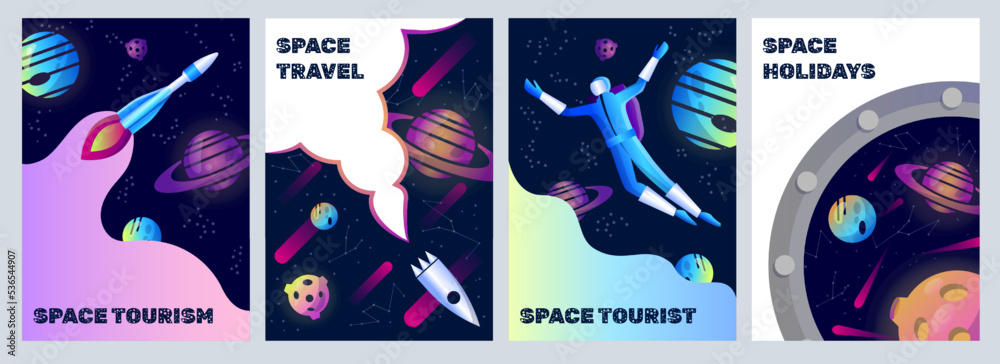 Space travel. Galaxy exploration. Cosmic tourism. Spaceships and planets. Universe posters set. Astronaut child character. Planetary current future frame. Vector cartoon background
