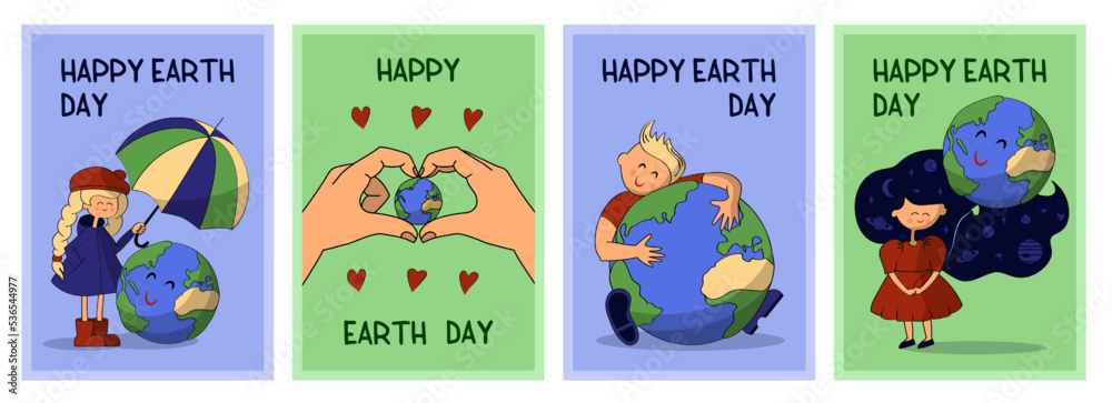 World Earth Day cartoon cards. Kids with planet. Protect environment. Ecology map. Globe protection. Save and care nature. Eco energy. Environmental conservation. Vector posters set