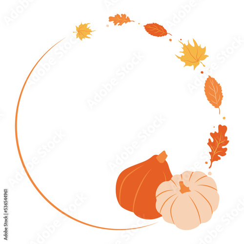 Elegant round frame, garland, wreath or border made of colorful fallen oak, maple, and linden leaves with pumpkins. Natural decorative vector illustration in modern flat style.
