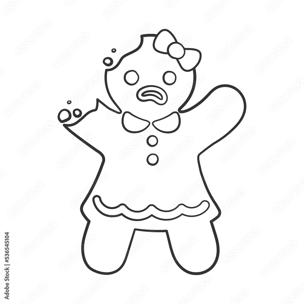 Gingerbread girl cookie with bite outline doodle cartoon illustration. Funny Winter Christmas food theme coloring book page activity for kids.