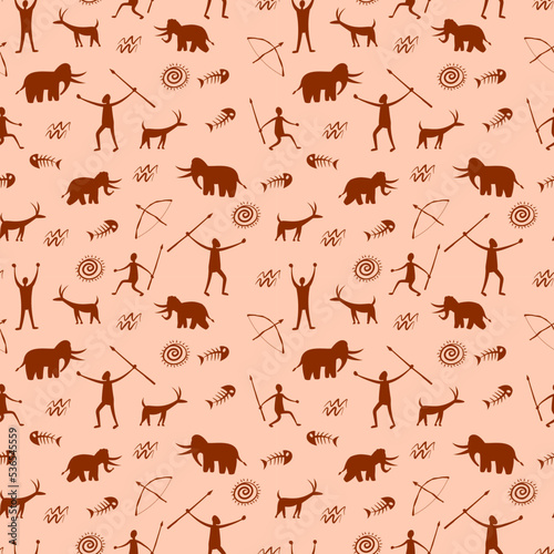Cave art. Caveman hand pattern. Prehistoric hunter theme. African tribe primeval painting. Arrow in garish bull. Ancient people drawing. Paleolithic background. Vector seamless texture