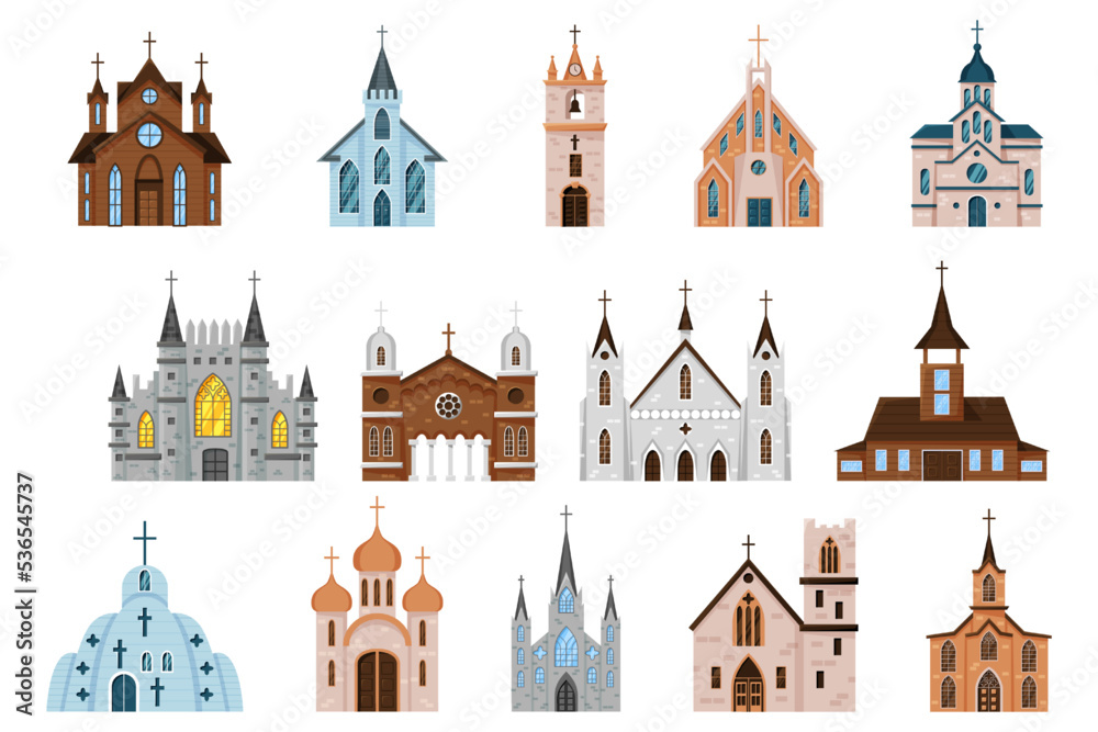 Catholic church. Vintage monastery. Architecture buildings with glass windows. Crosses on roofs. Modern garish doors. Bell tower. Wooden and stone temples. Vector isolated chapels set