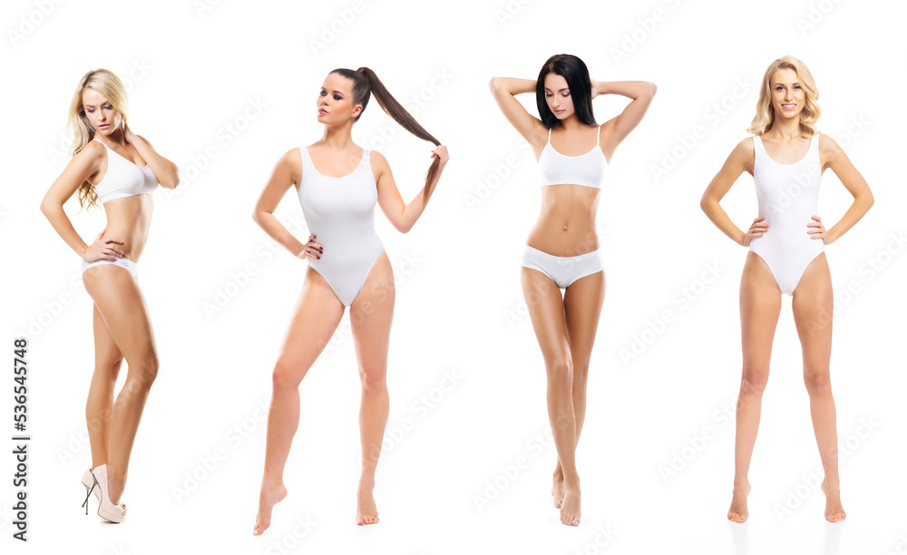 Young, fit, happy and beautiful blond woman in white swimsuit isolated on white background - set collection. Healthcare, diet, sport and fitness. Young, fit, happy and beautiful blond woman in white swimsuit isolated on white background - set collection. Healthcare, diet, sport and fitness.