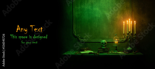 Halloween background with copy space for any text. Scary old skull on ancient gothic fireplace. Halloween, witchcraft and magic.