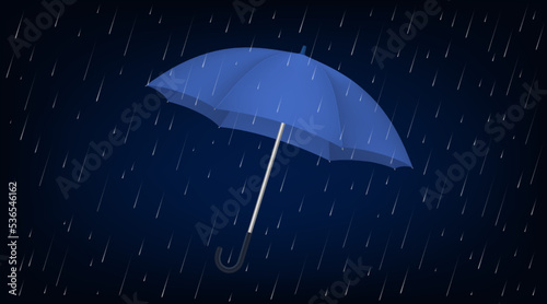 Umbrella, storm rain, water drops on black sky background, handle safety, weather assistance. Opened blue parasol. Realistic 3d object. Raindrop single icon. Vector illustration concept