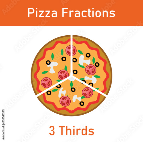 Three thirds pizza fractions. Fraction for kids. Pizza slices. Fraction fun with pizza. vector illustration isolated on white background.